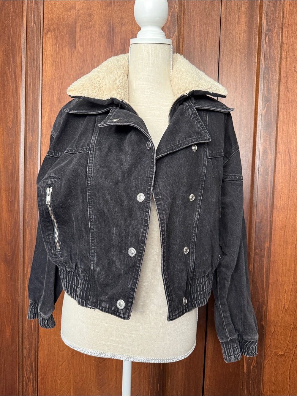 Topshop Black Denim Jacket with Cream Sherpa Collar